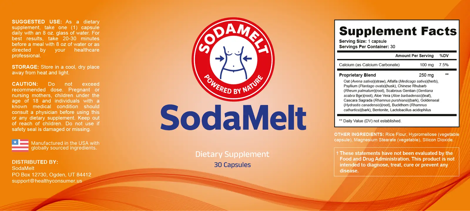 The SodaMelt Supplement Facts panel as printed on the bottle